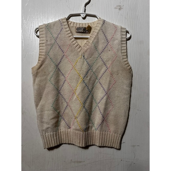 Ricki Miss Erika Inc. Sweaters - Vintage Ricki Miss Erika Argyle Sweater Vest Cream Pastel Knit V-Neck Acrylic